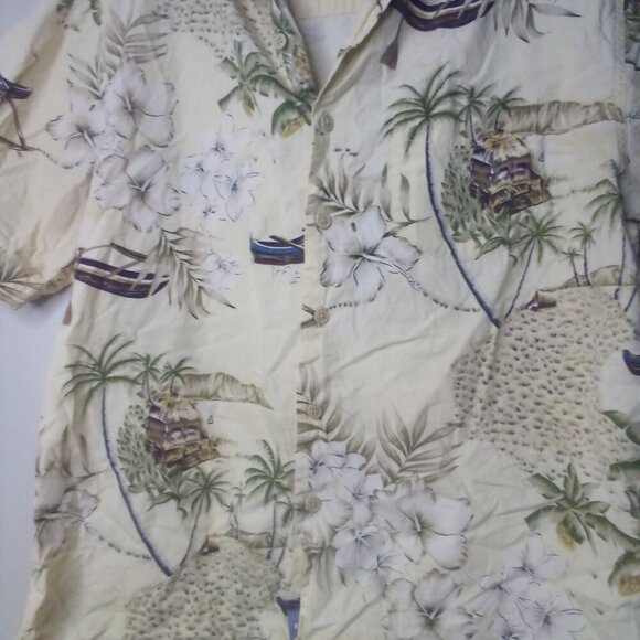 Quicksilver Edition Shirt M Button Up Short Sleeve Hawaiian Tropical Tan Green - Picture 5 of 16